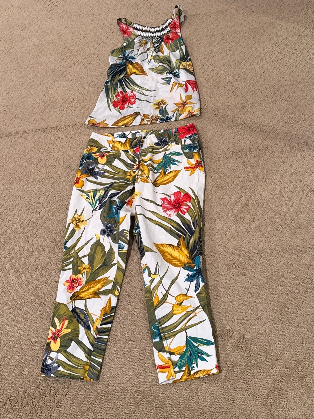 Cache White Tropical Floral Cropped Tank & Ankle Pants Set